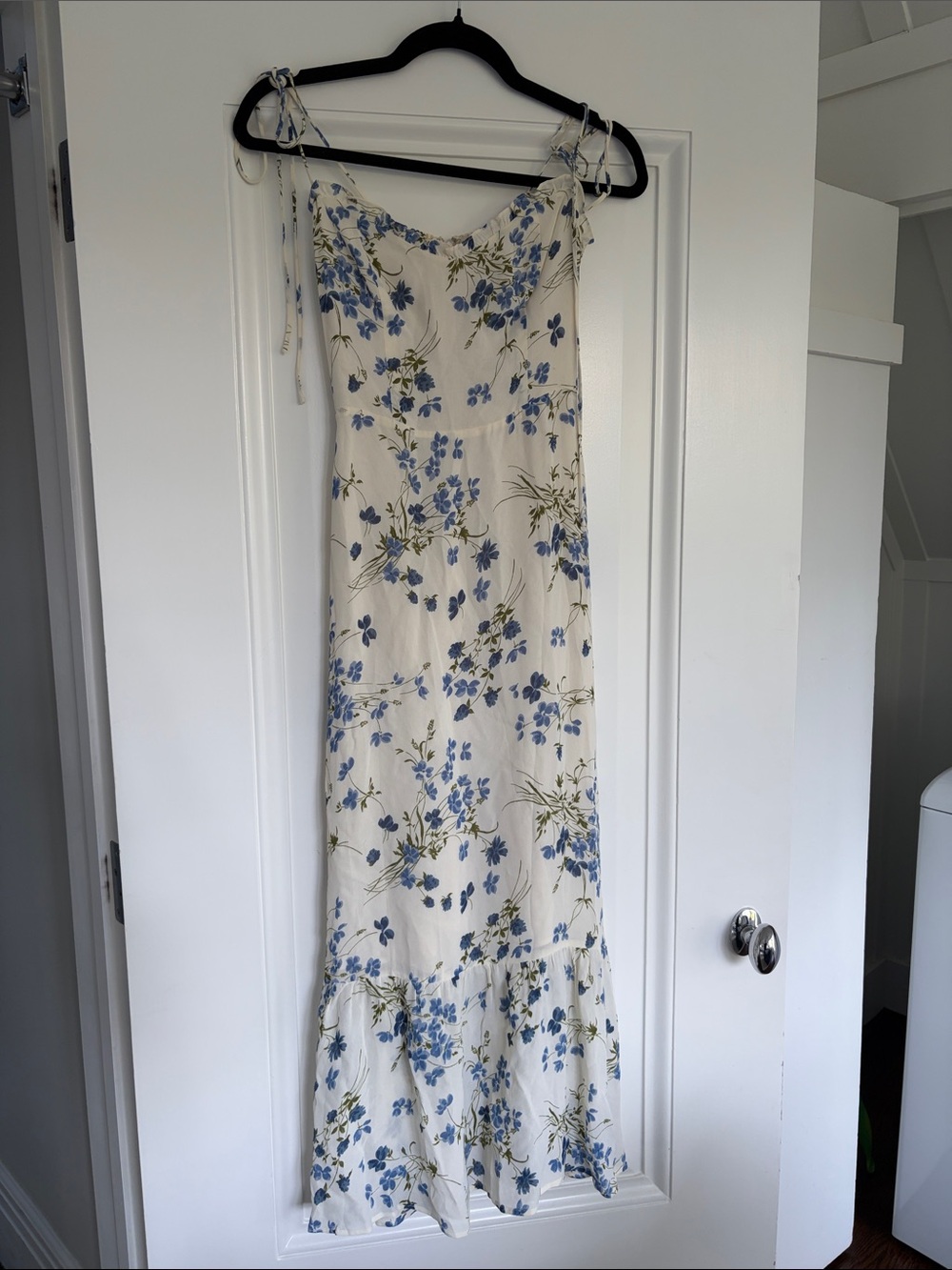 Reformation Cream Maxi Dress with Blue Floral Print